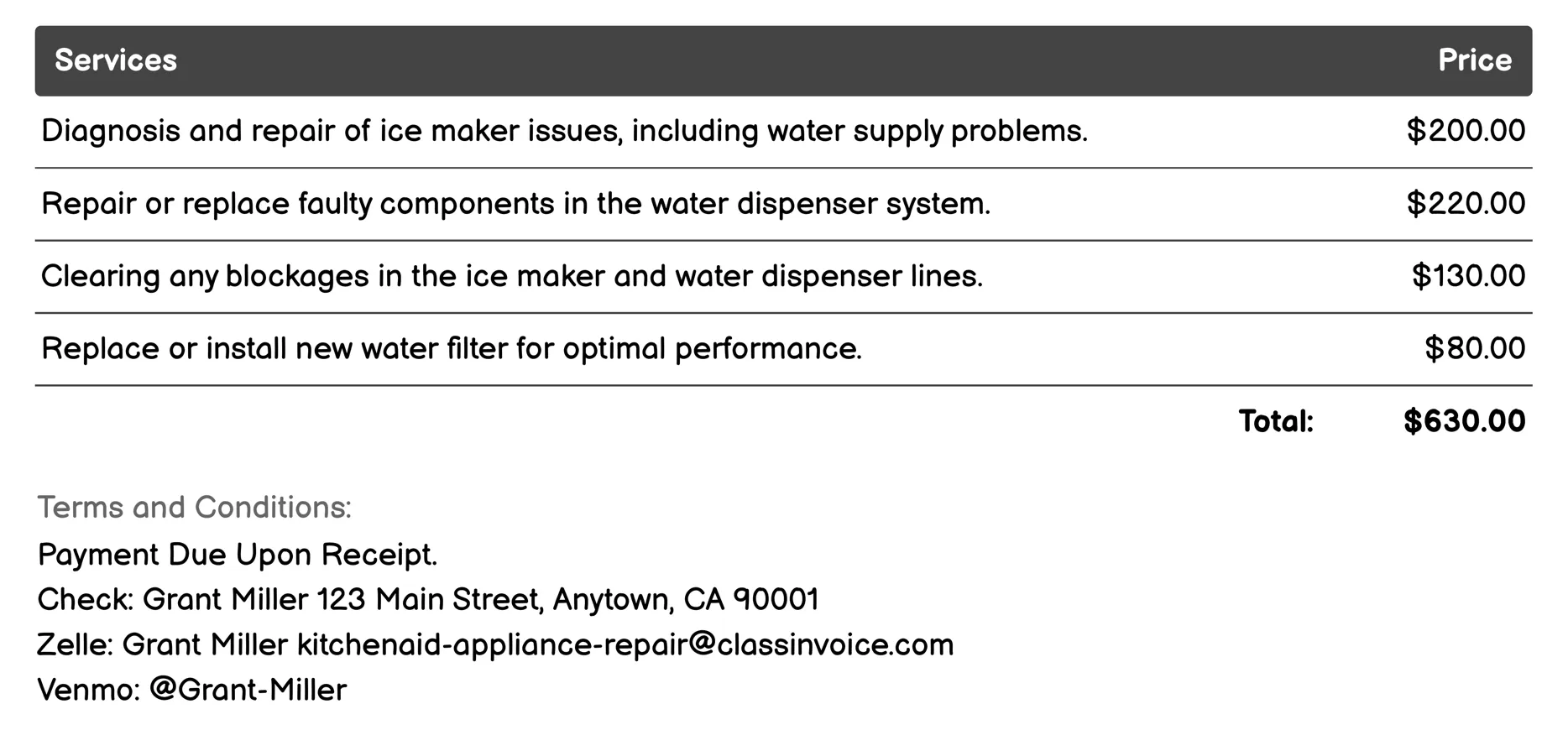 Ice Maker and Water Dispenser Repair Invoice Example