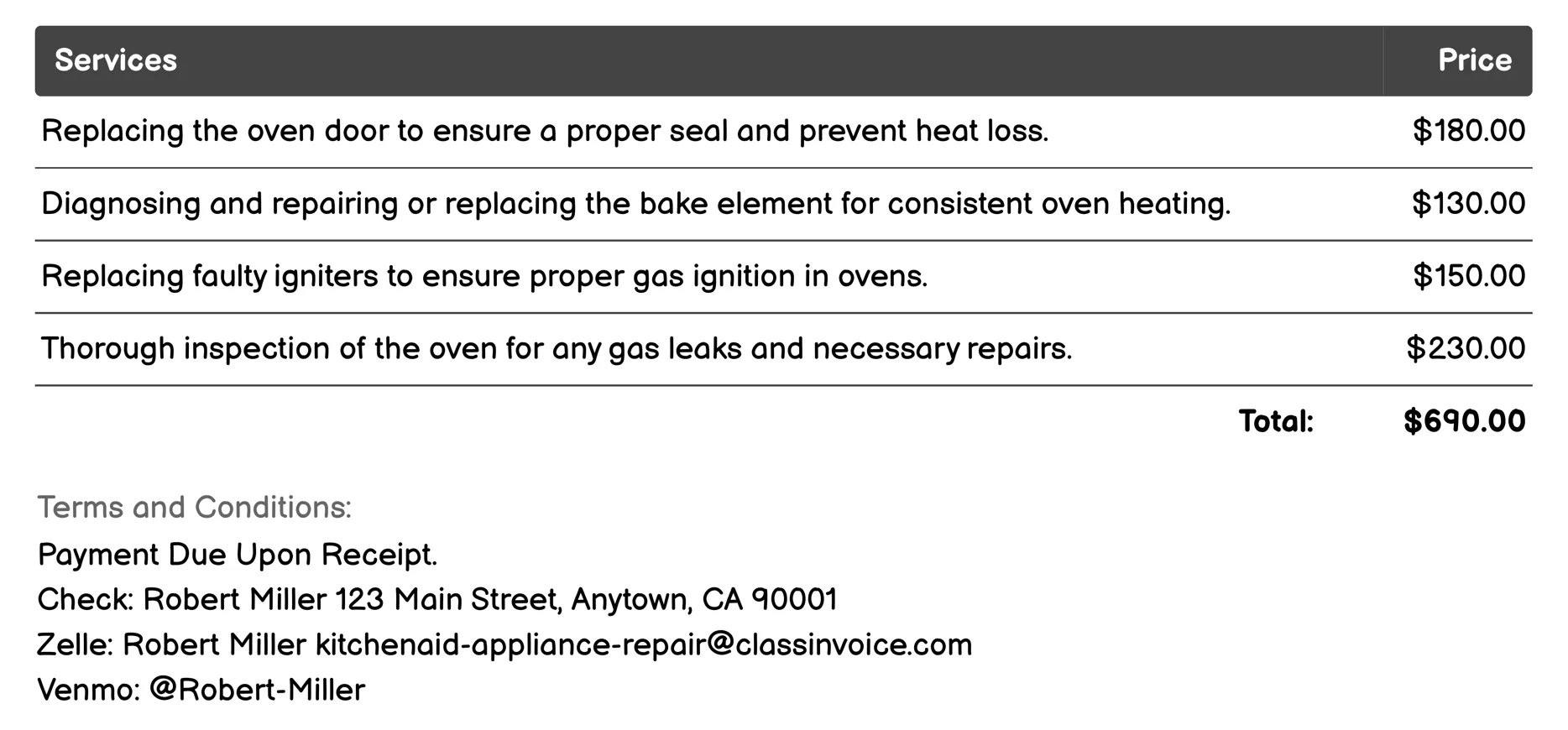 Oven and Cooktop Repair Invoice Example