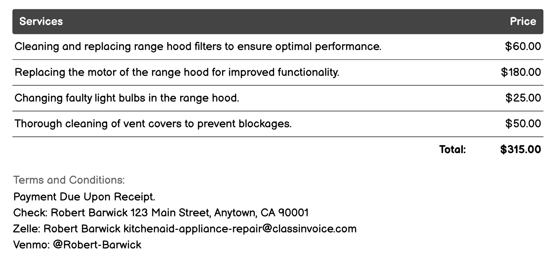 Range Hood Repair Invoice Example