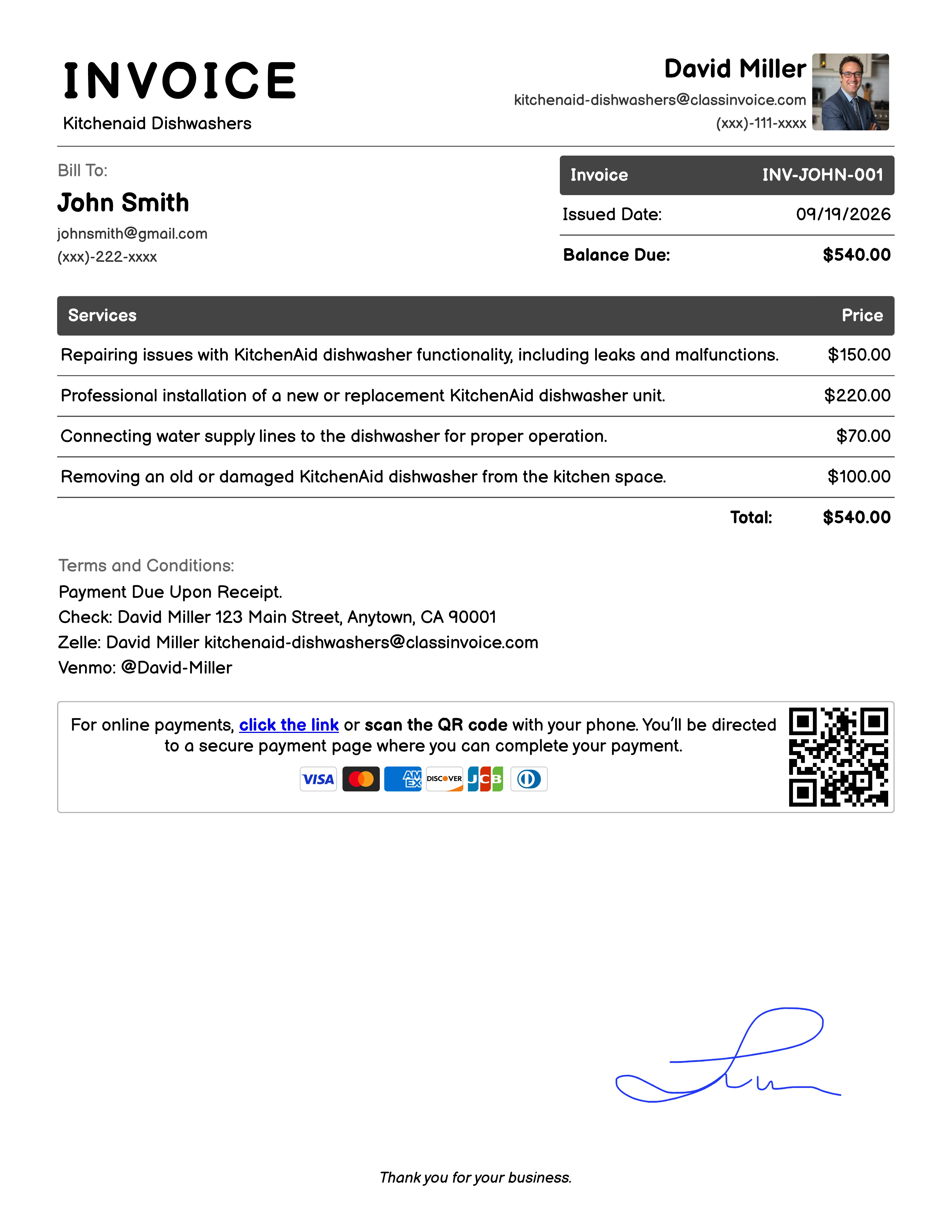 Kitchenaid Dishwashers Invoice Example