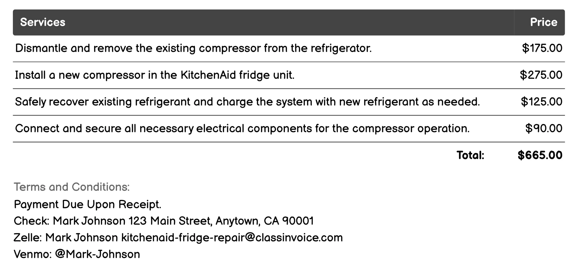 Compressor Replacement Invoice Example