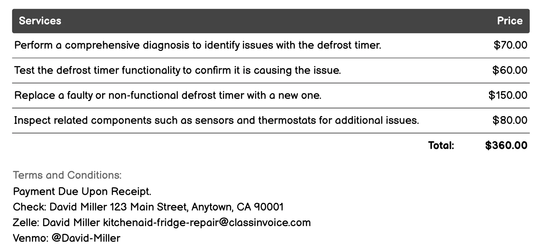 Defrost Timer Repair Invoice Example