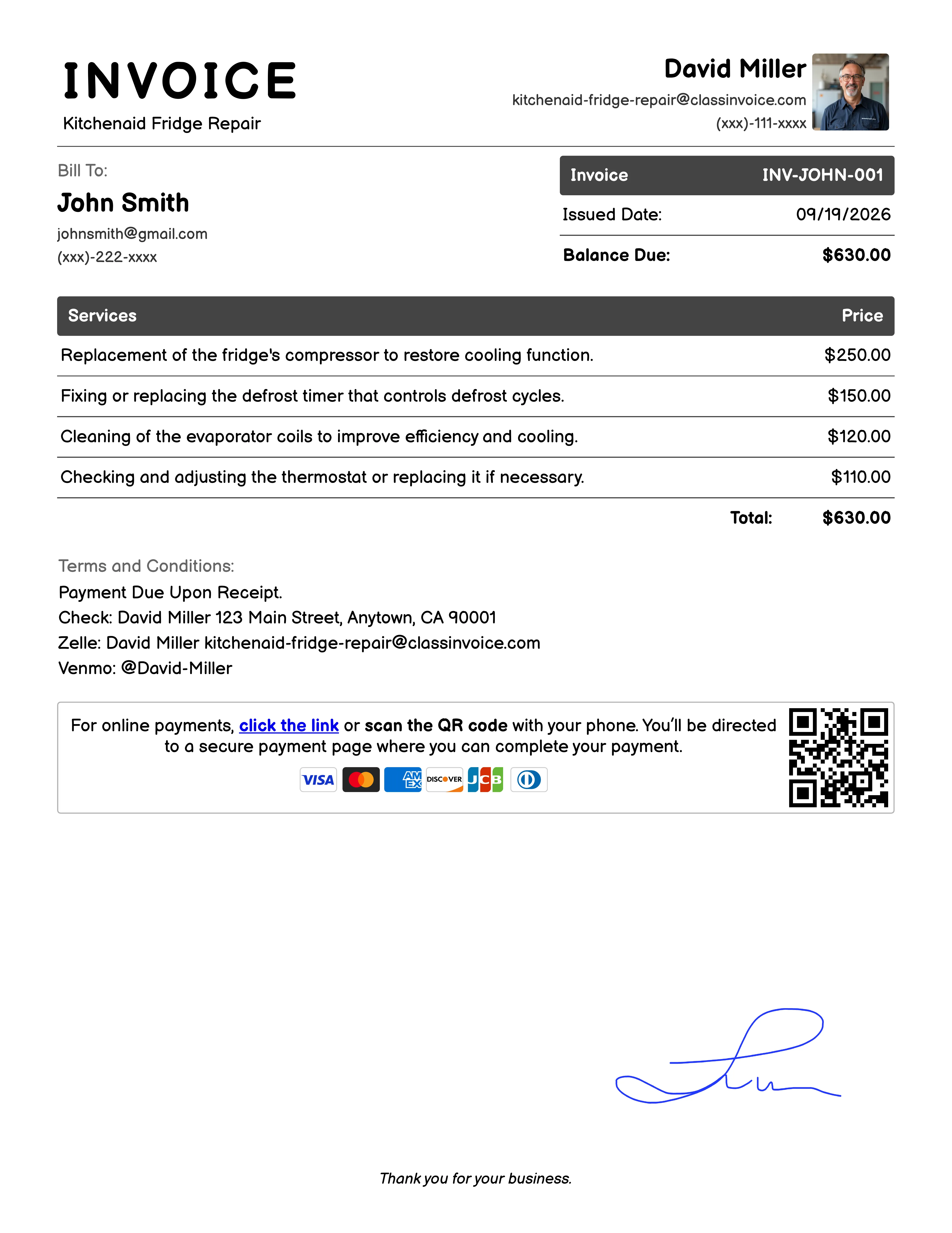 Kitchenaid Fridge Repair Invoice Example