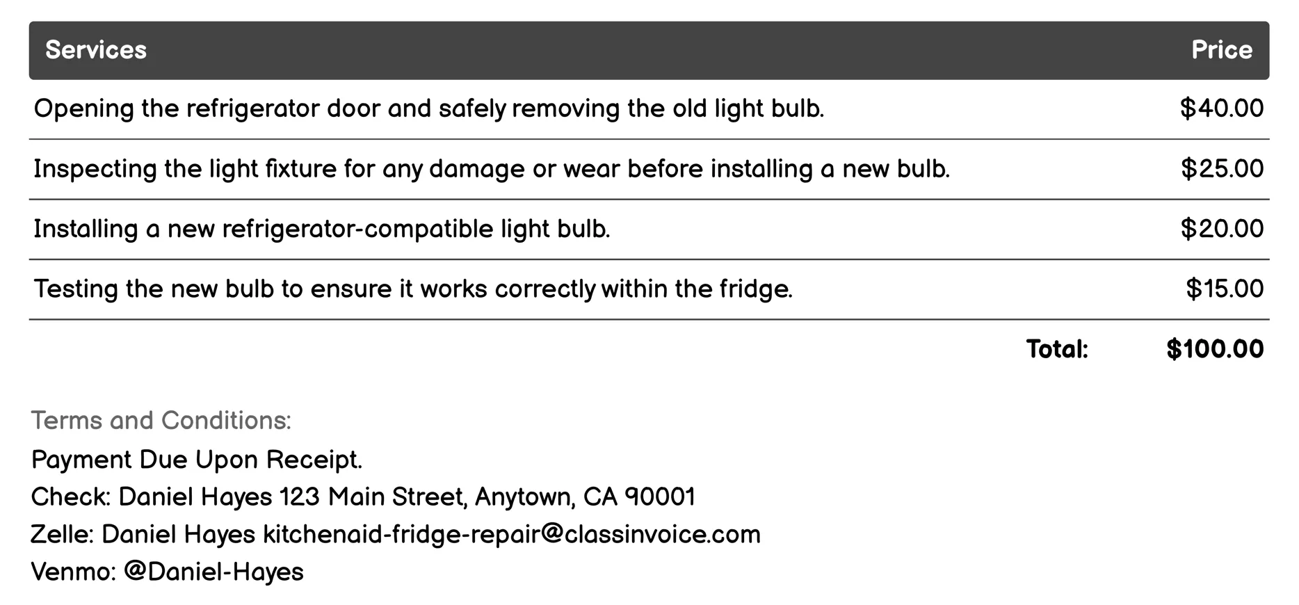 Light Bulb Change Invoice Example