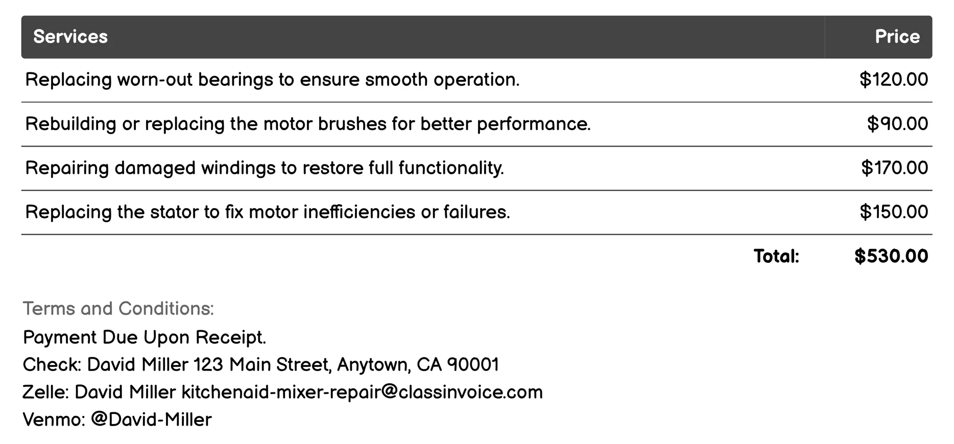Motor Overhaul Invoice Example