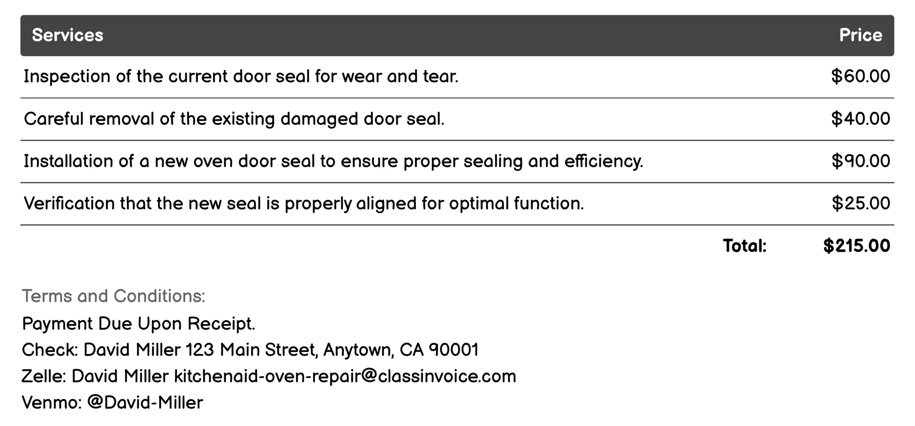 Door Seal Replacement Invoice Example