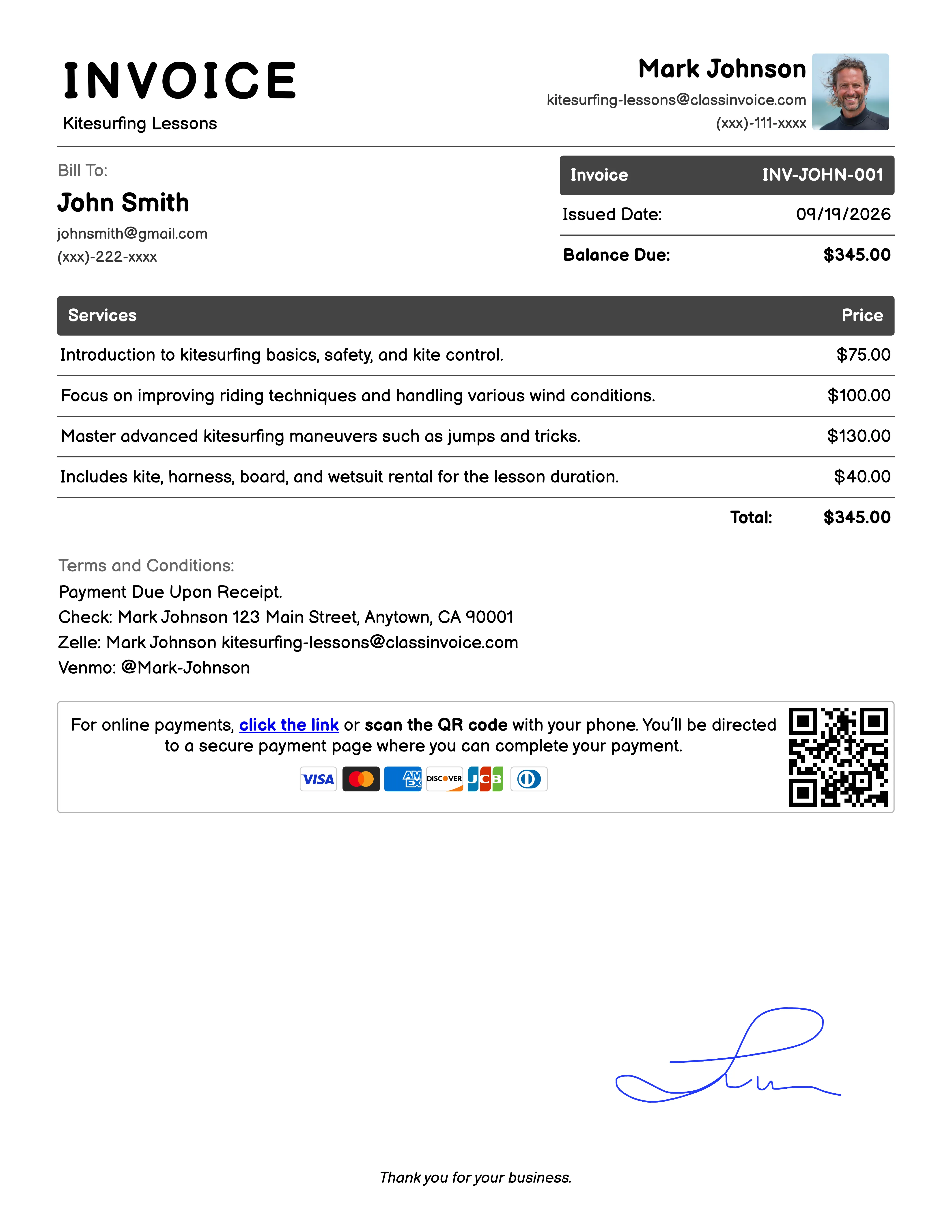 Kitesurfing Lessons Invoice Example