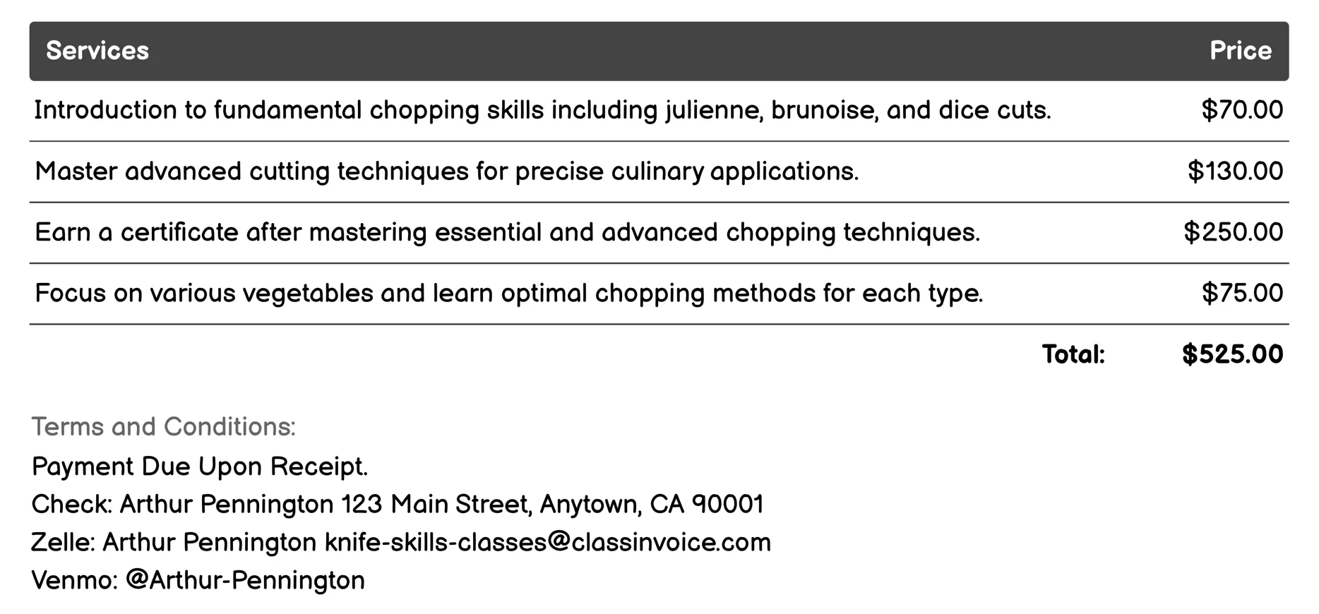 Chopping Techniques Invoice Example
