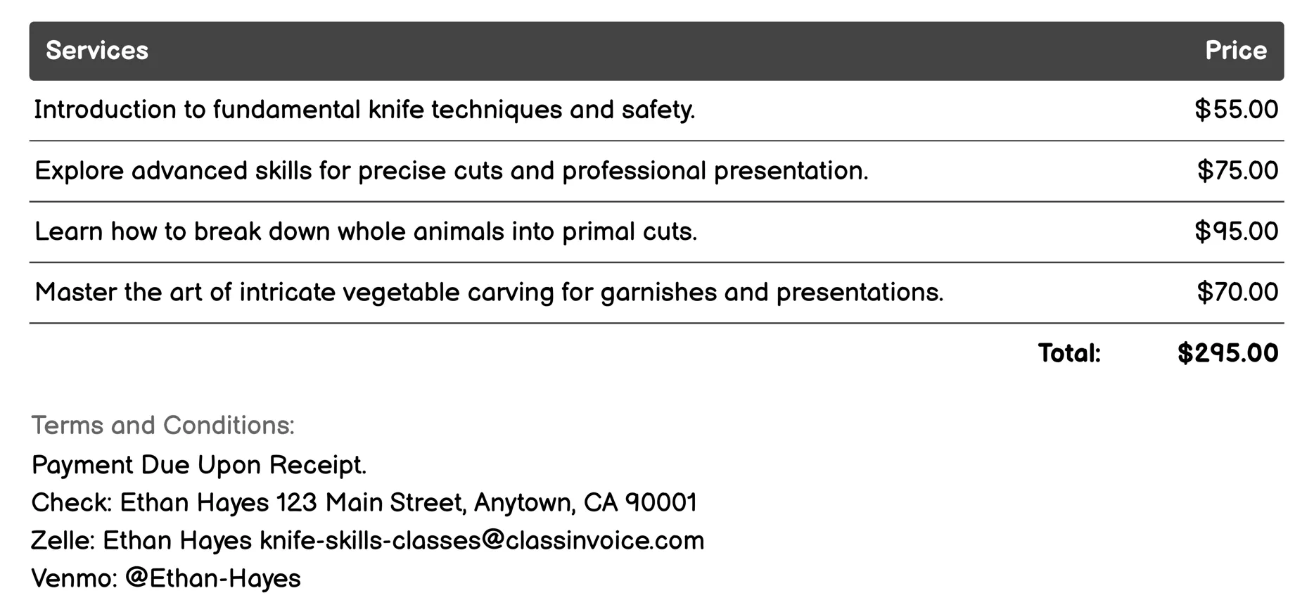 Culinary Knife Techniques Invoice Example