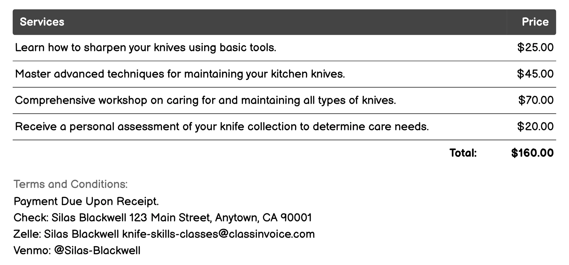 Knife Maintenance Invoice Example