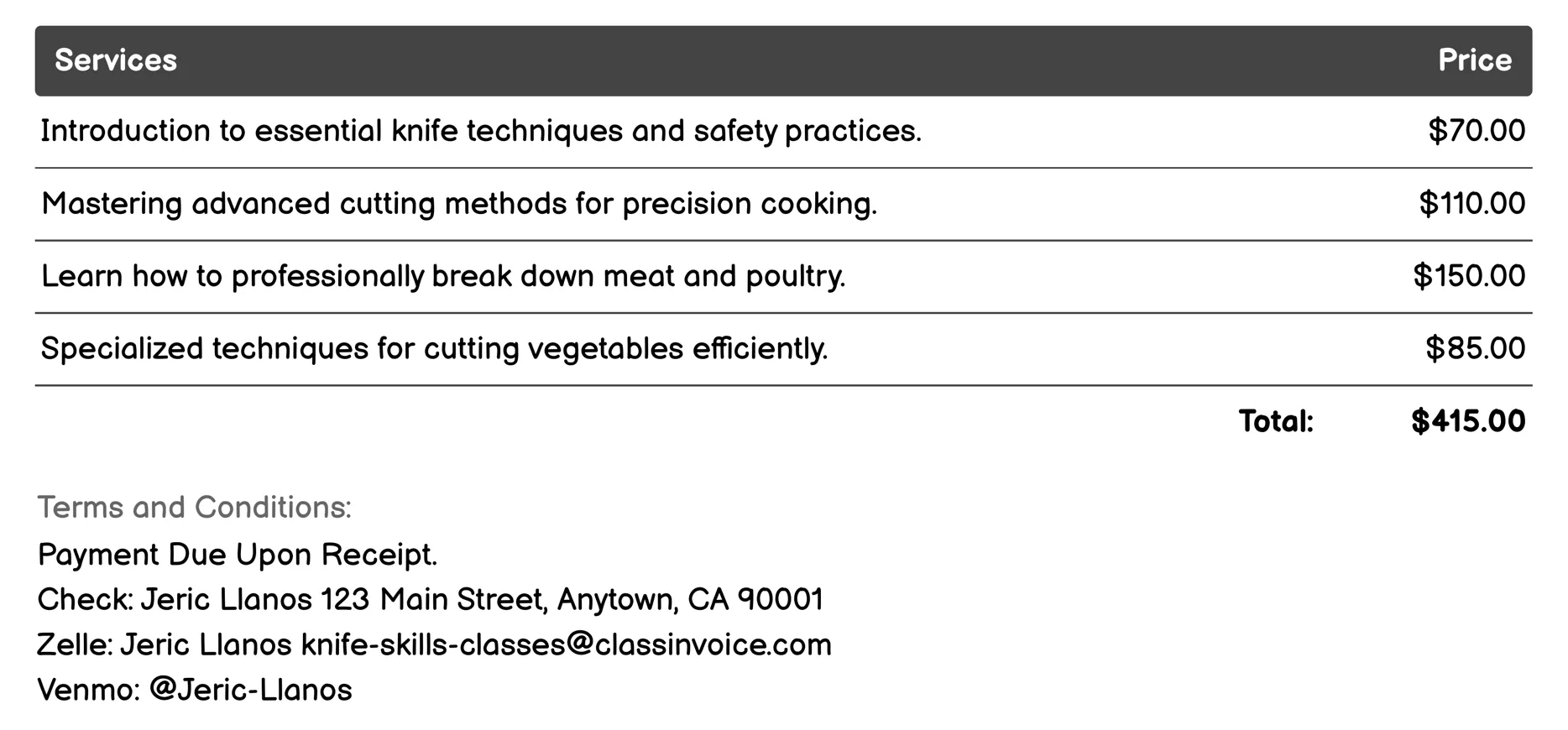 Knife Skills Certification Program Invoice Example