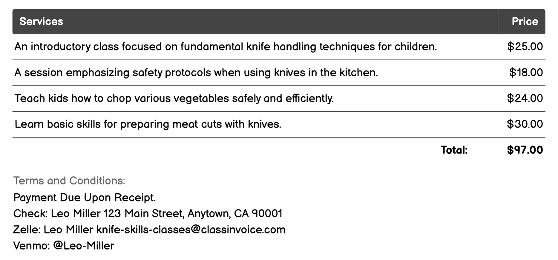 Knife Skills for Kids Invoice Example