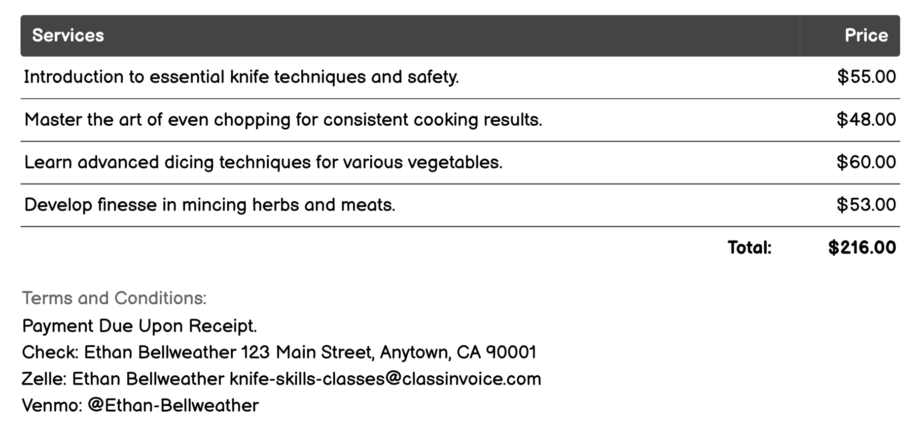 Specialty Cuts Workshop Invoice Example