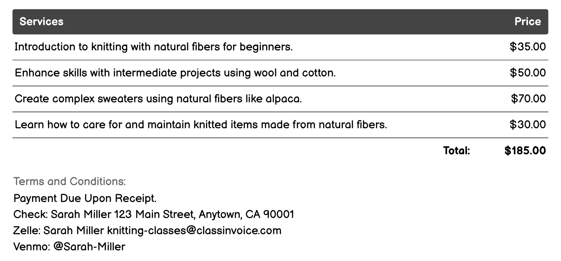Knitting with Natural Fibers Invoice Example