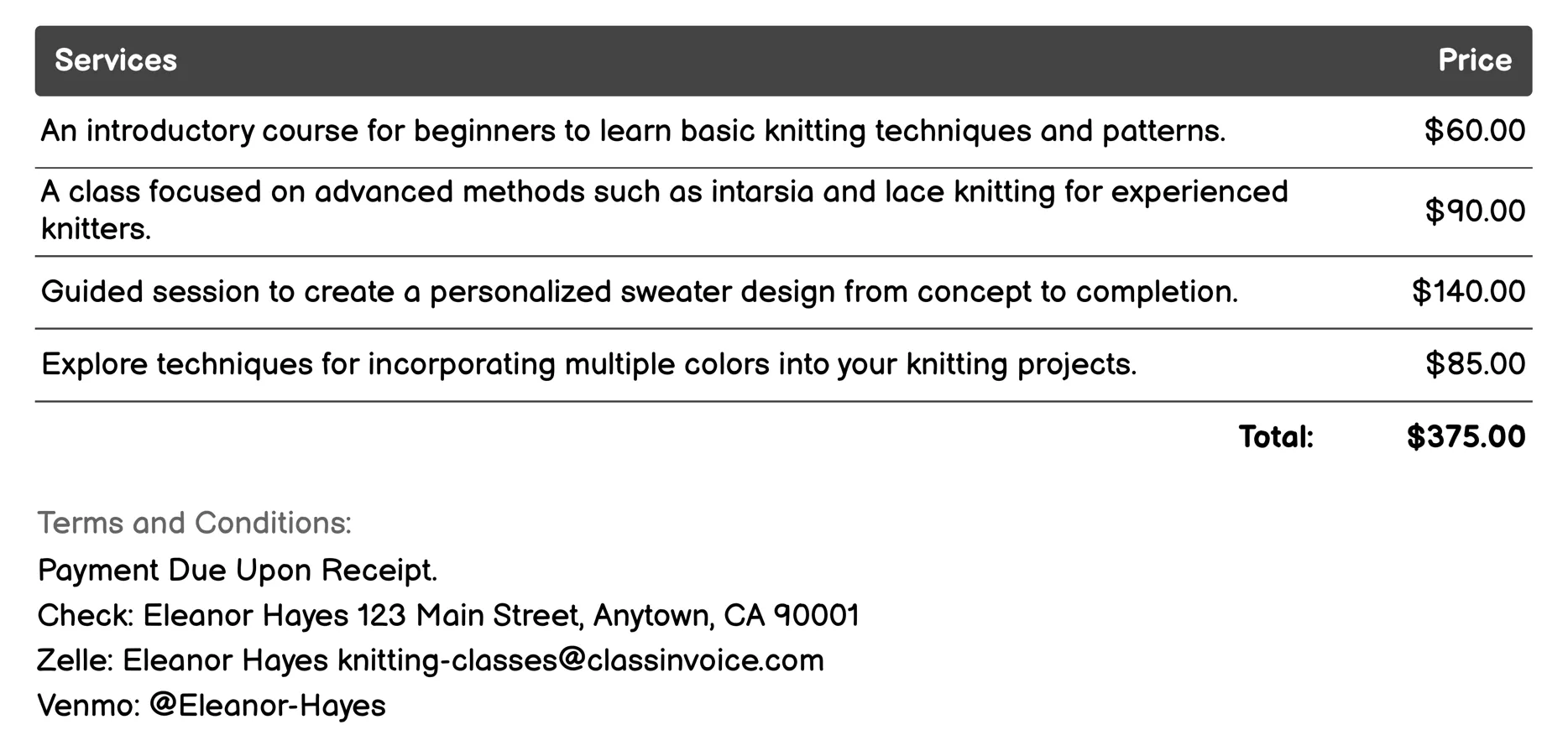 Knitwear Design and Construction Invoice Example