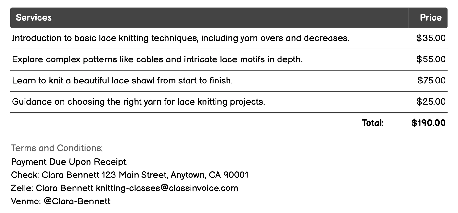 Lace Knitting Workshops Invoice Example