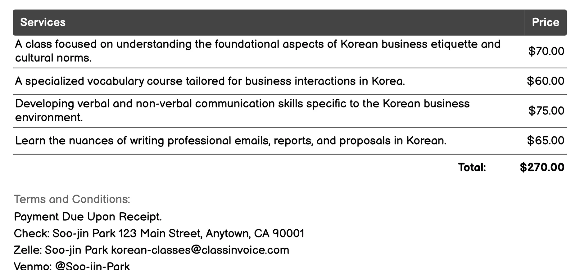 Korean for Business Invoice Example