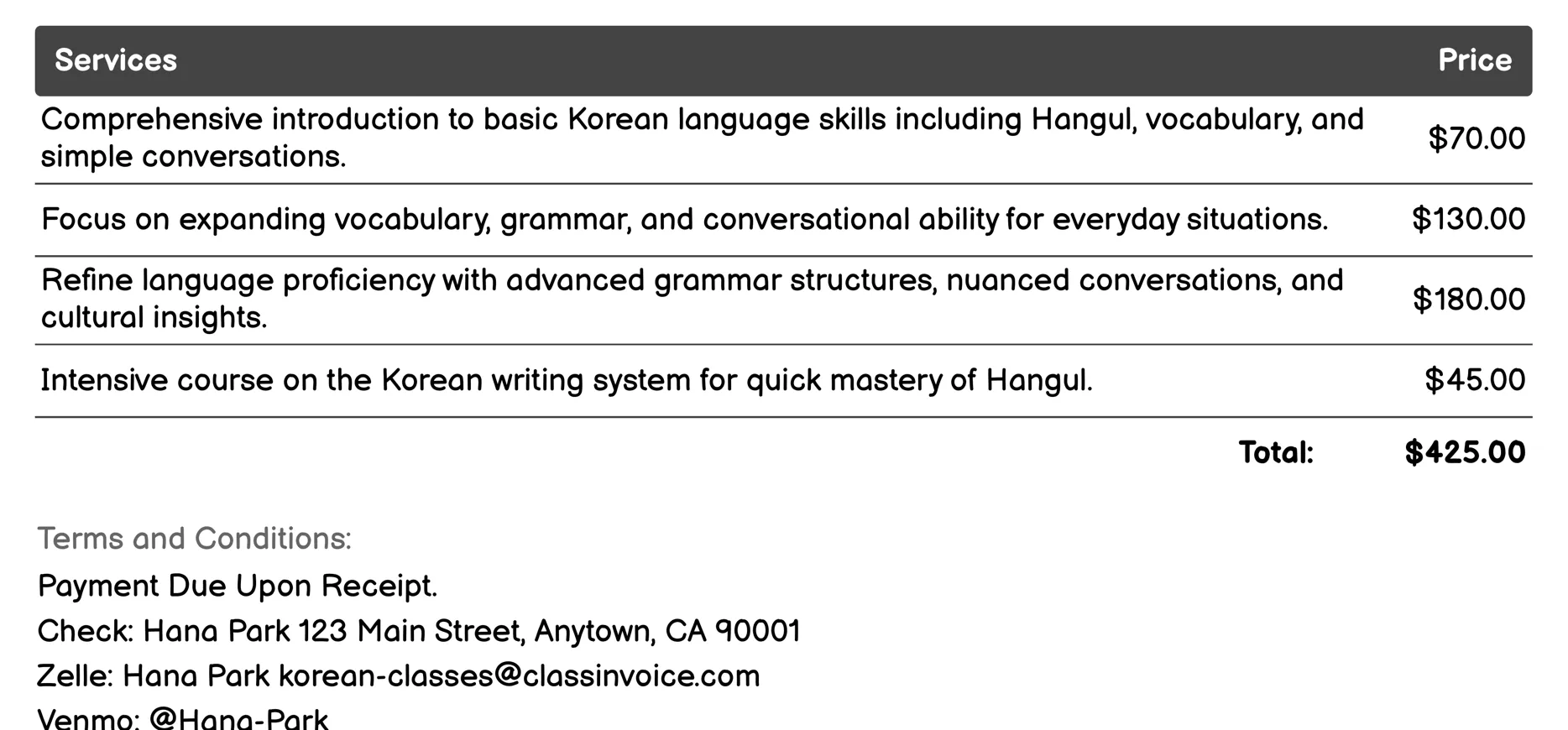 Online Korean Courses Invoice Example