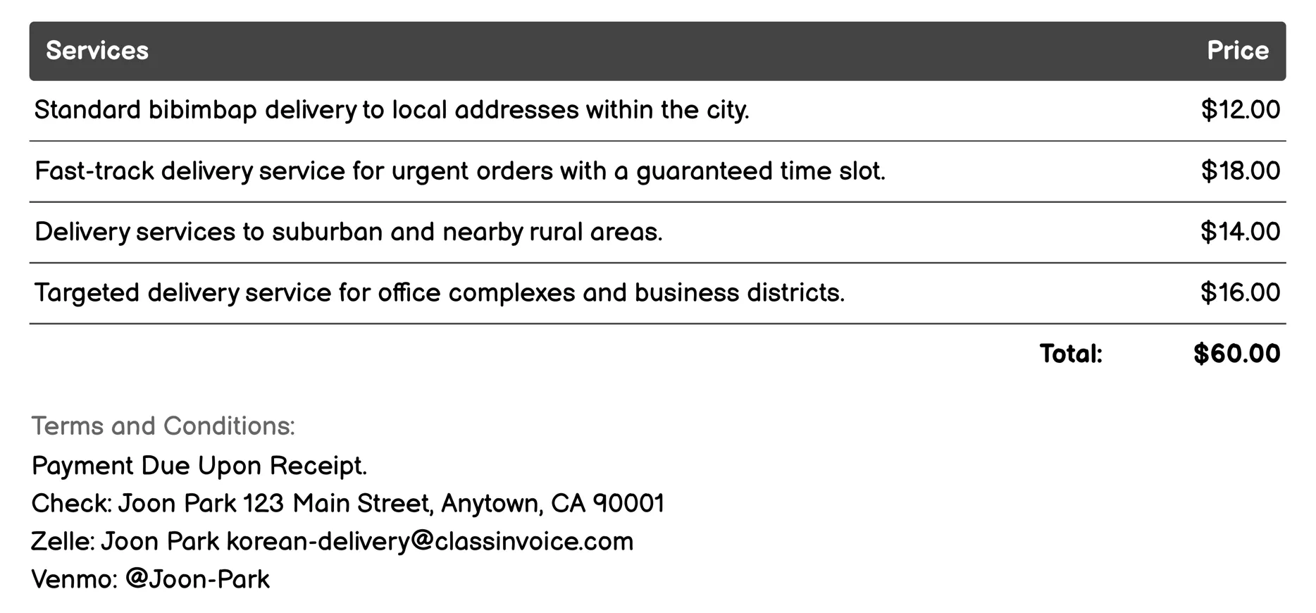 Bibimbap Invoice Example