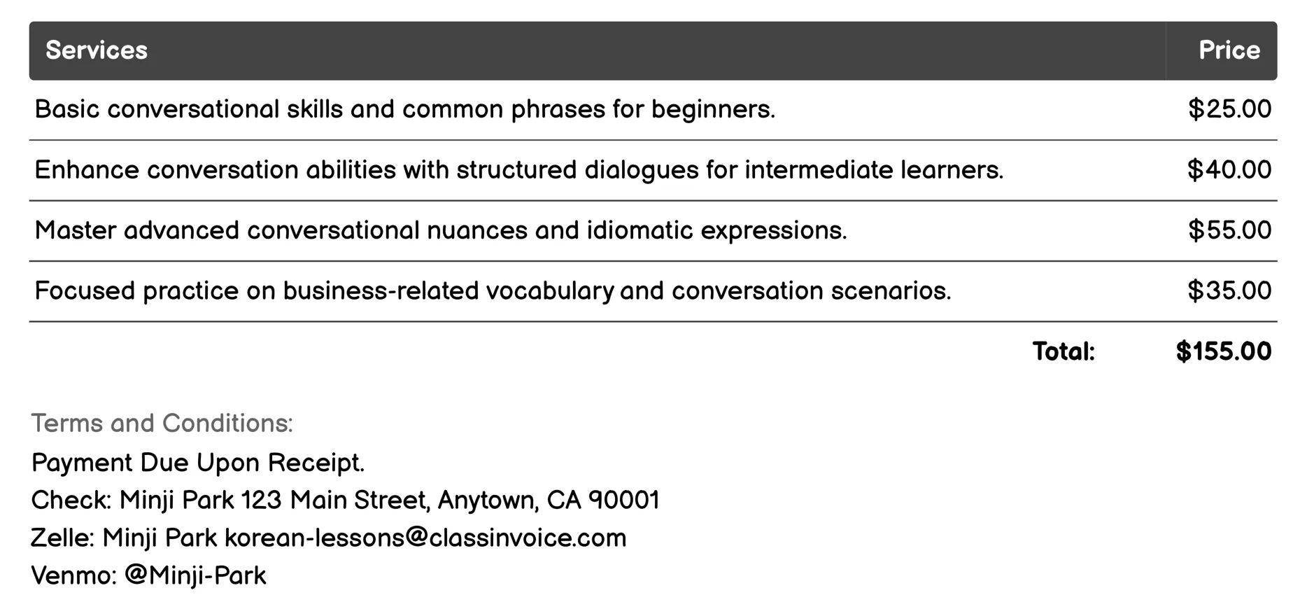 Conversation Practice Invoice Example