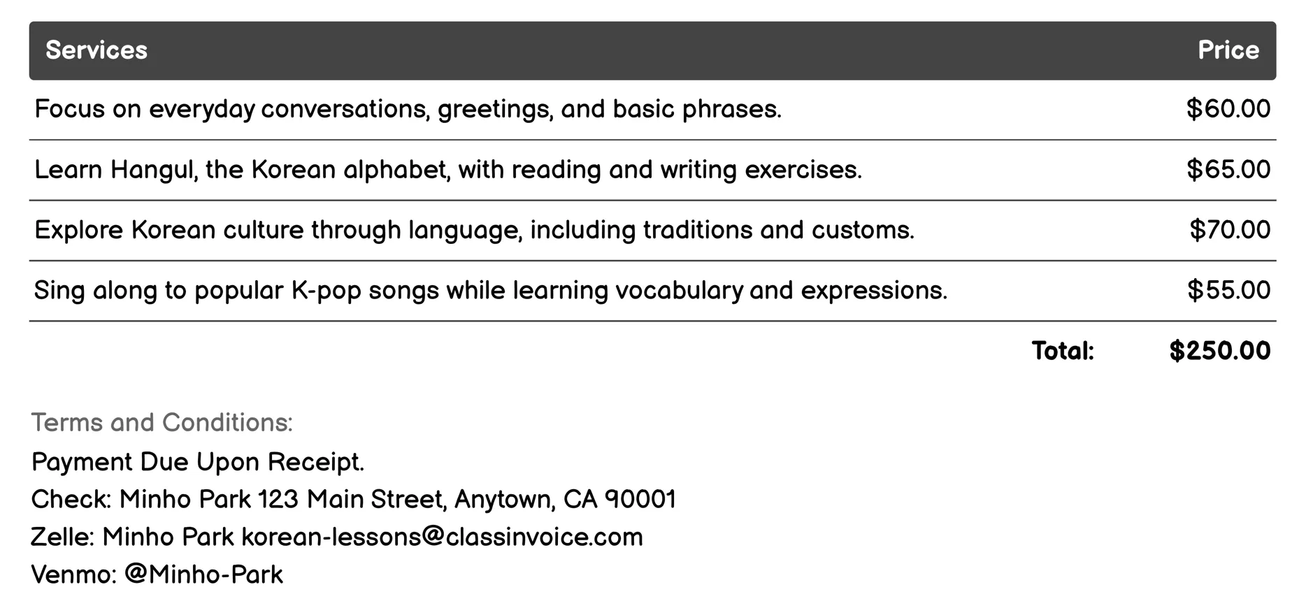 Family or Duo Lessons Invoice Example