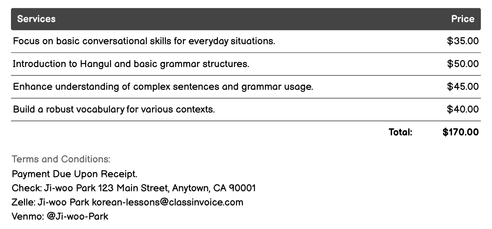 Private Tutoring Invoice Example