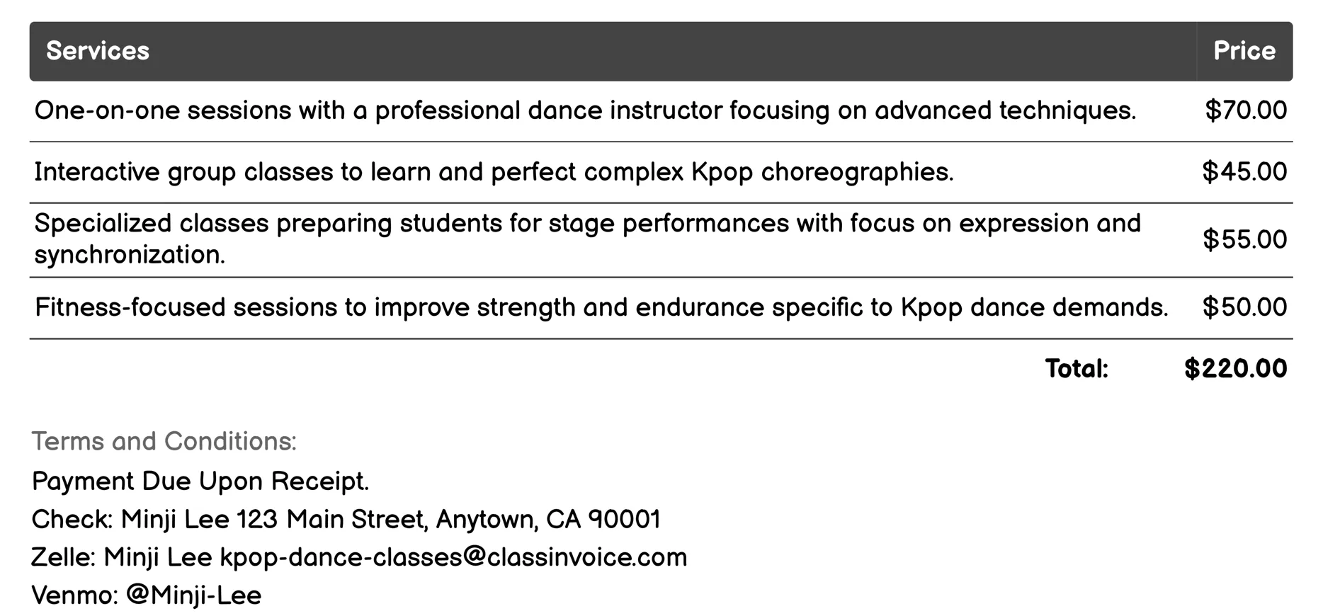 Advanced Kpop Dance Classes Invoice Example