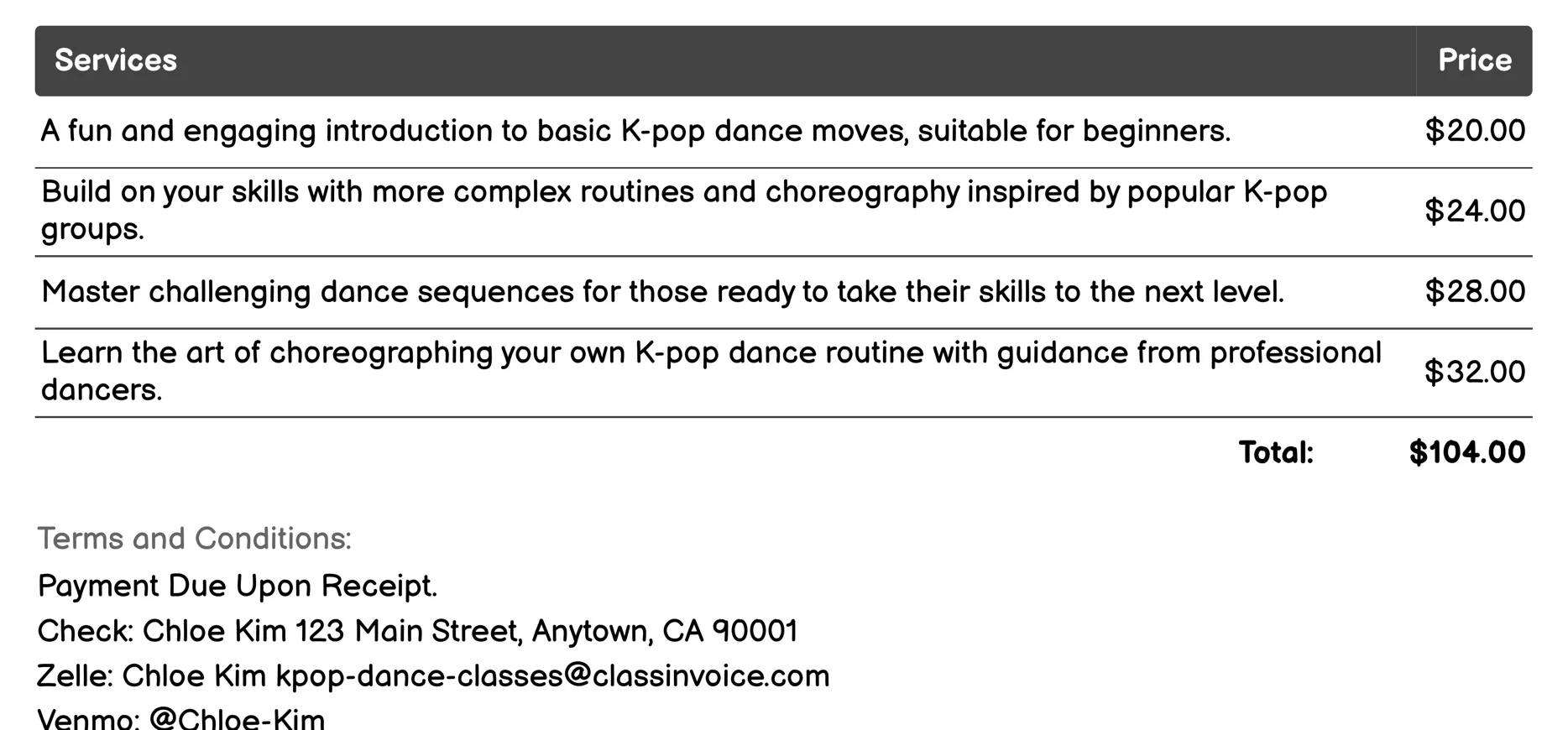 Kpop Fitness Dance Classes Invoice Example