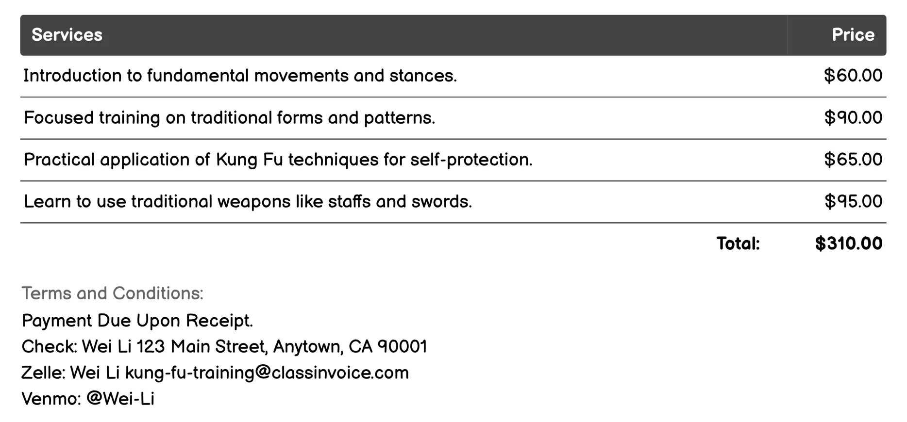 Cultural Education Invoice Example