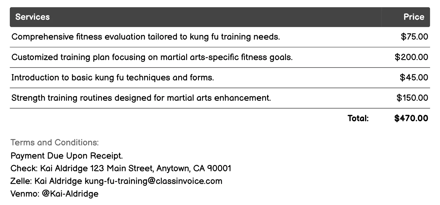 Fitness Assessment and Personal Training Plans Invoice Example