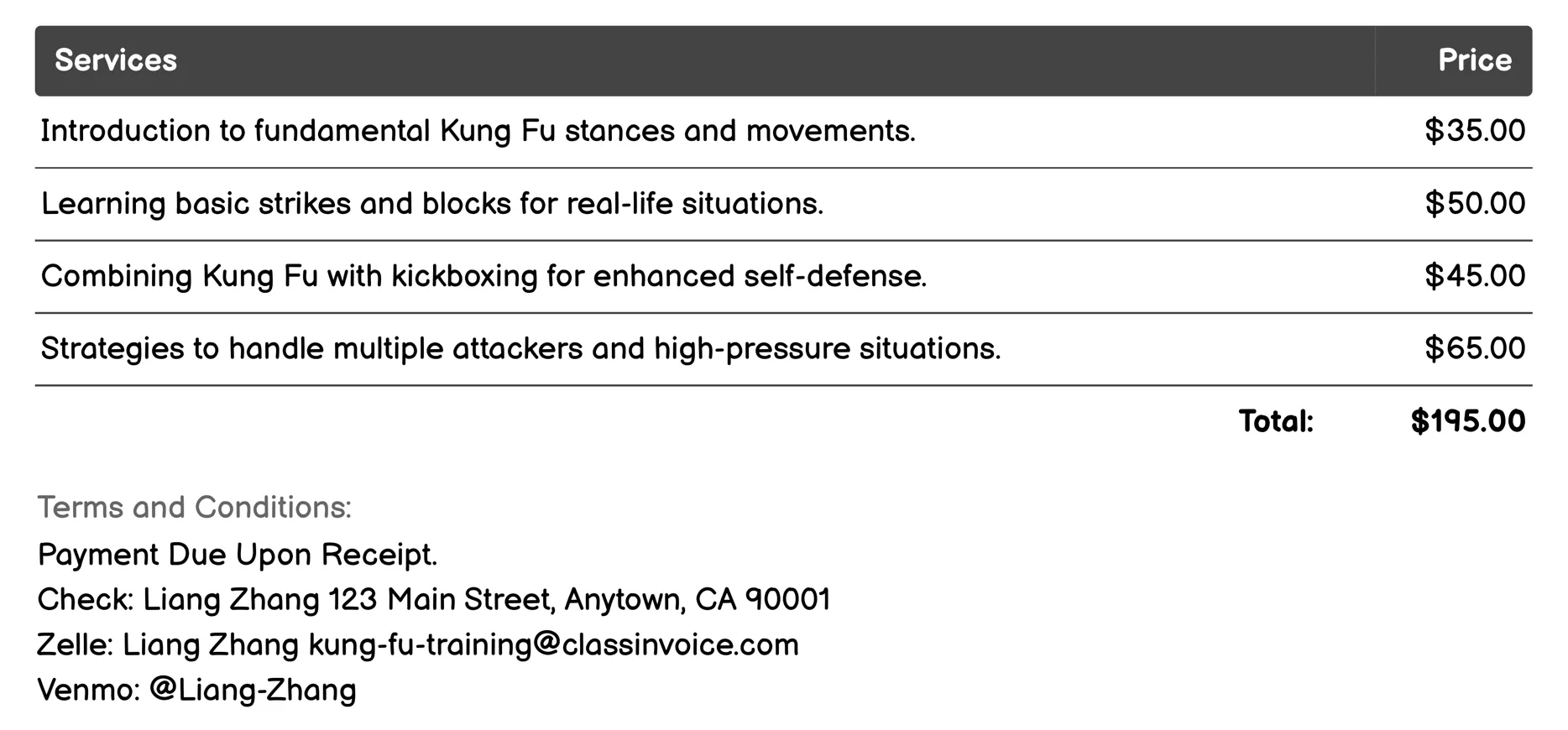 Self-Defense Techniques Invoice Example
