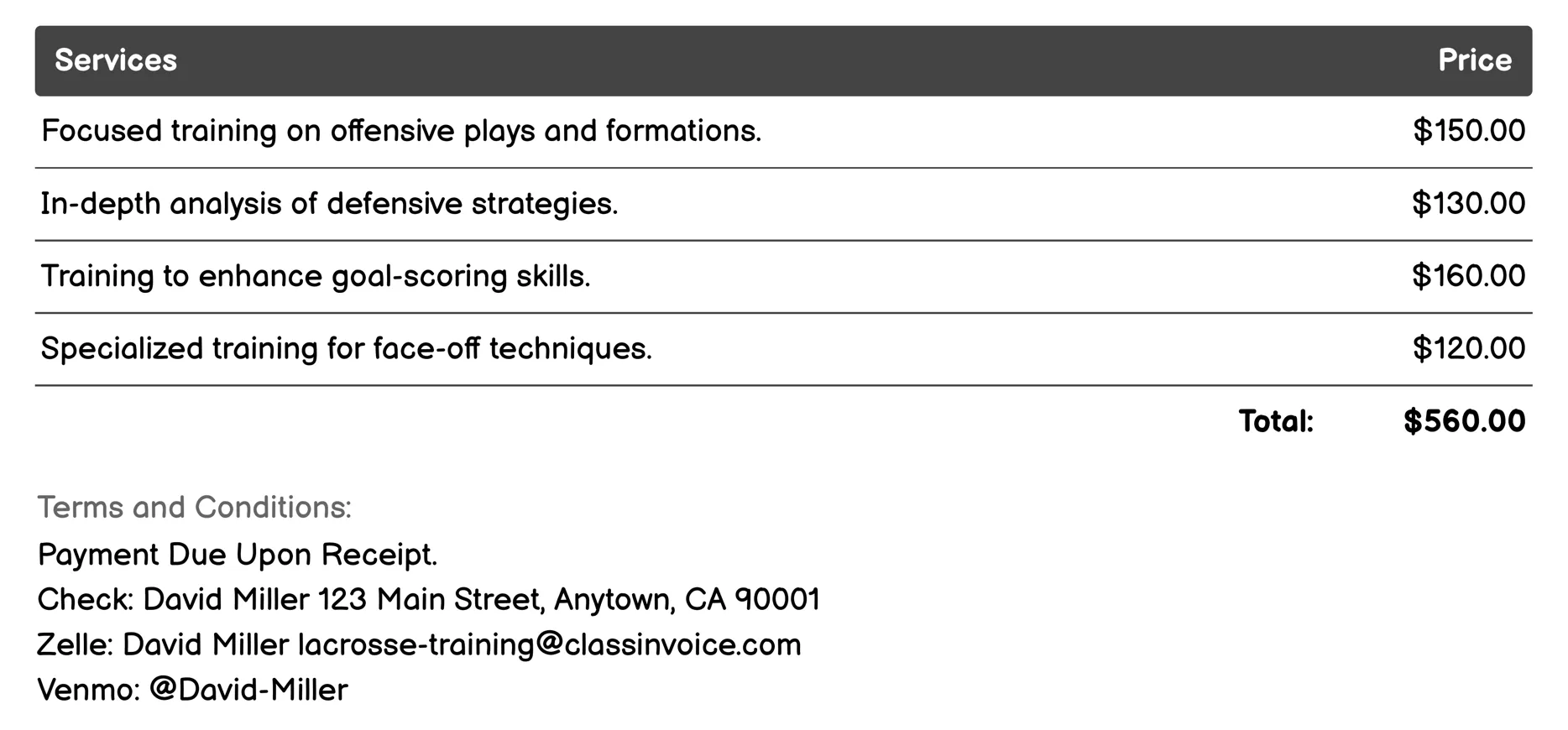 Game Strategy Sessions Invoice Example