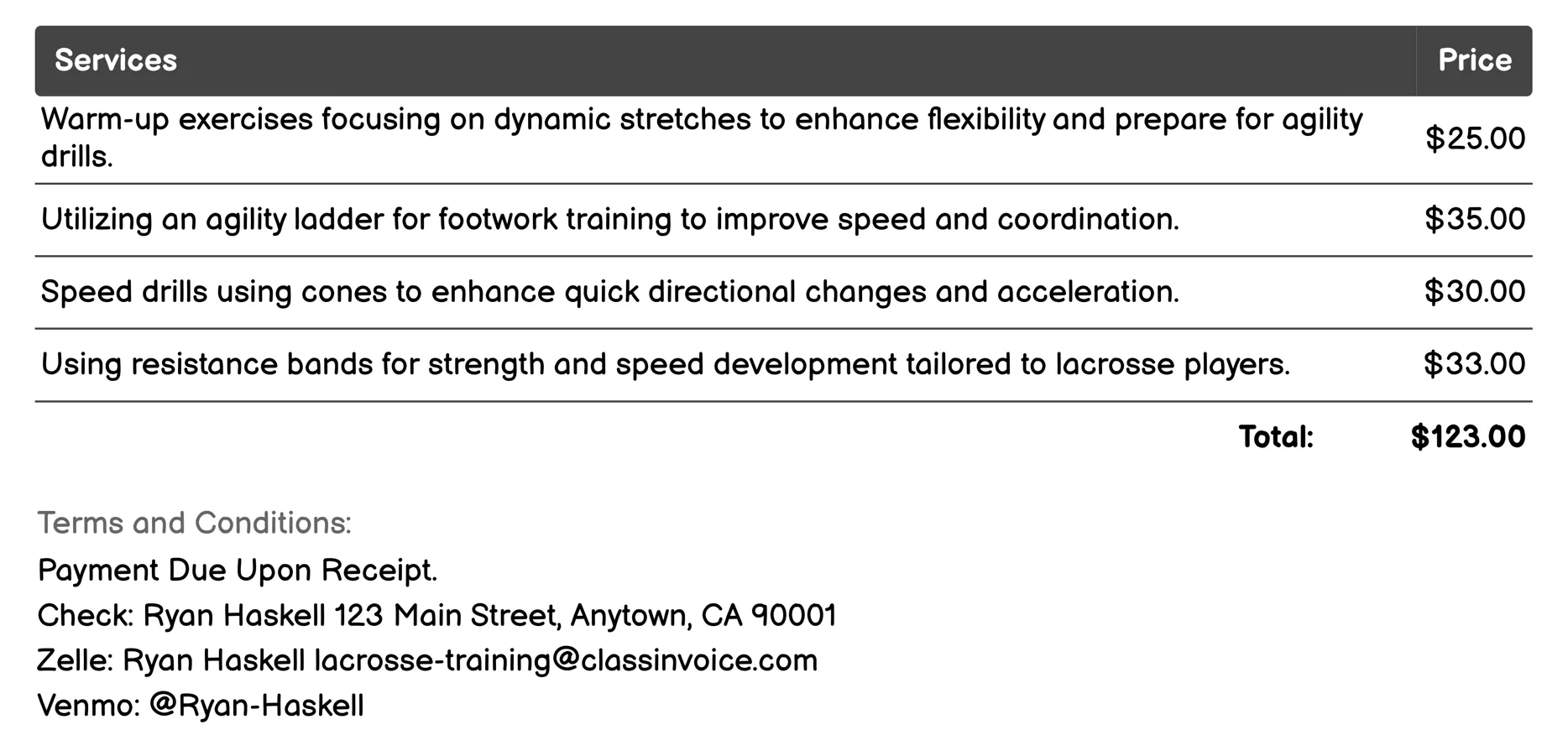 Speed and Agility Drills Invoice Example
