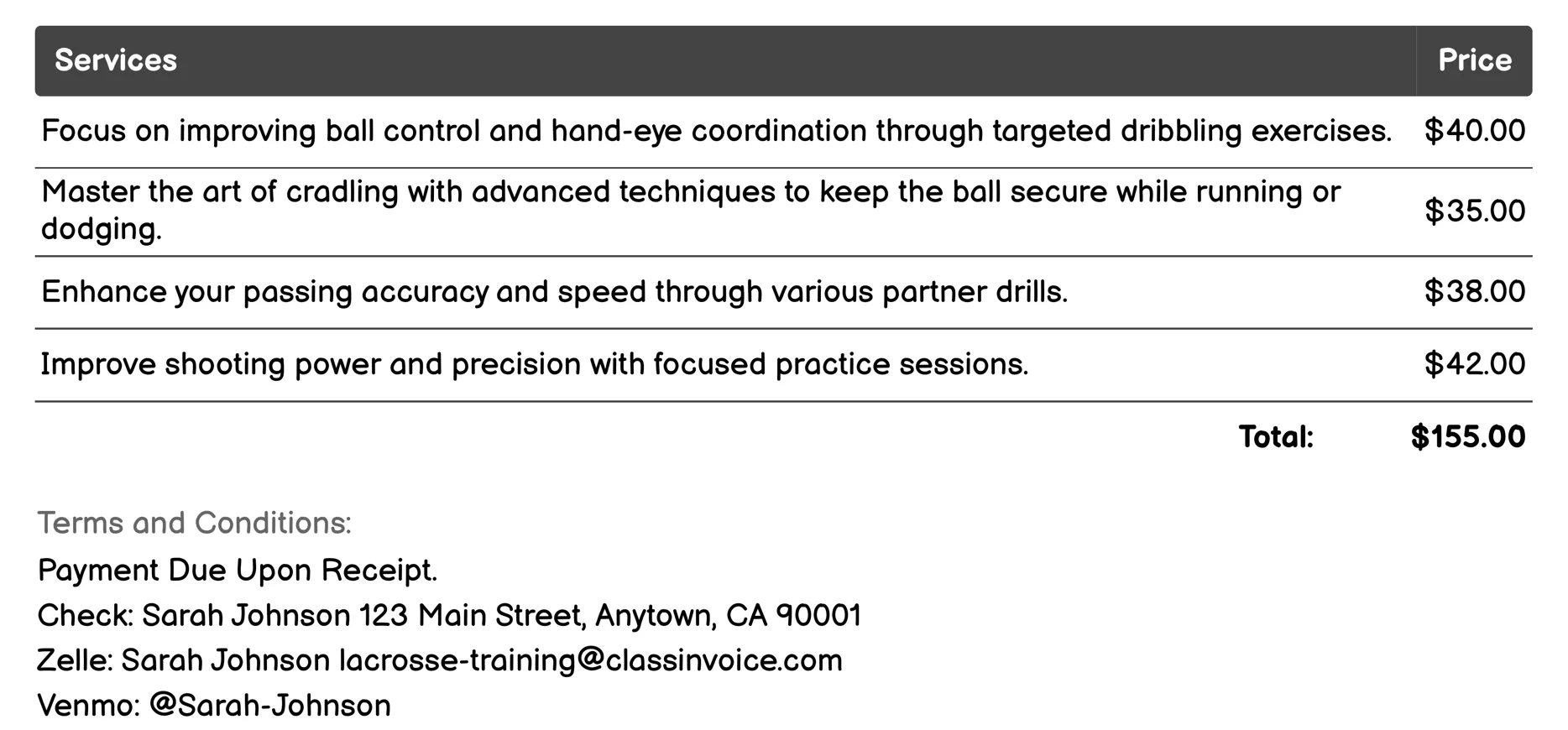 Stick Skills Practice Invoice Example