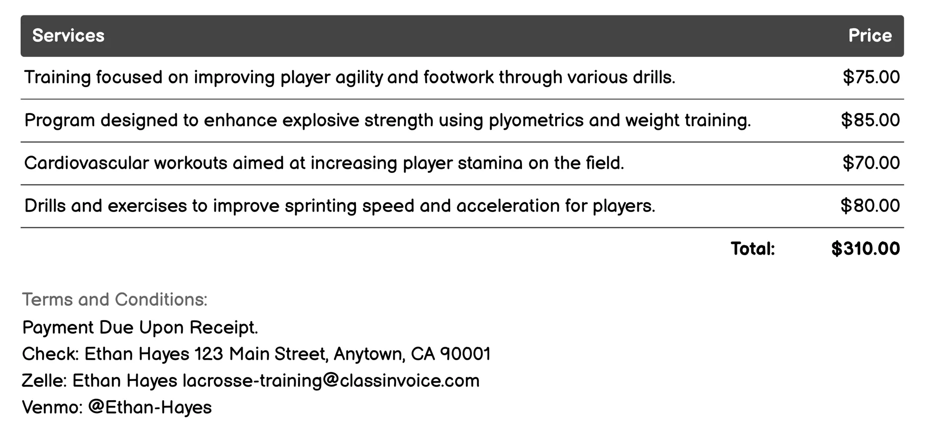 Strength and Conditioning Programs Invoice Example