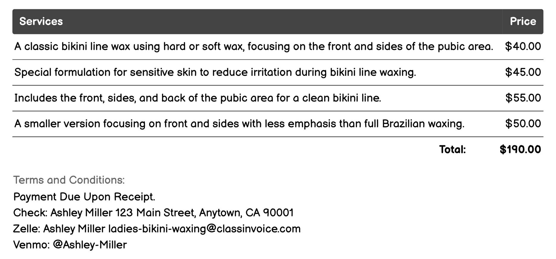 Bikini Line Only Invoice Example