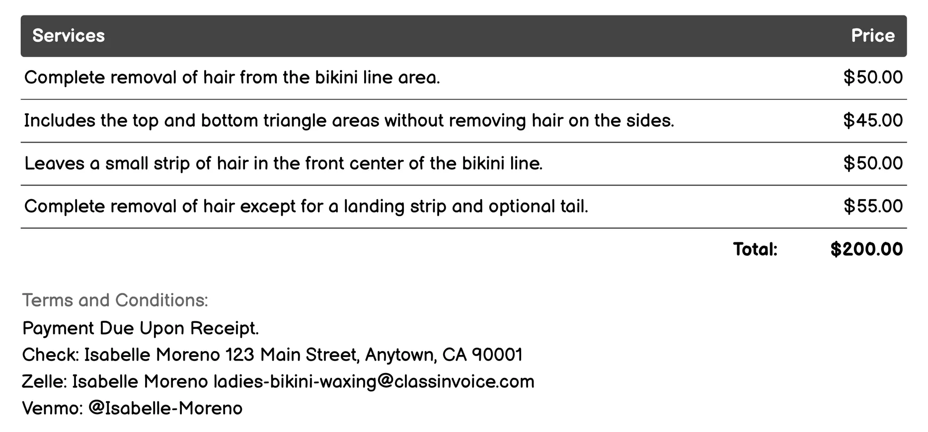 Brazilian Bikini Line Invoice Example