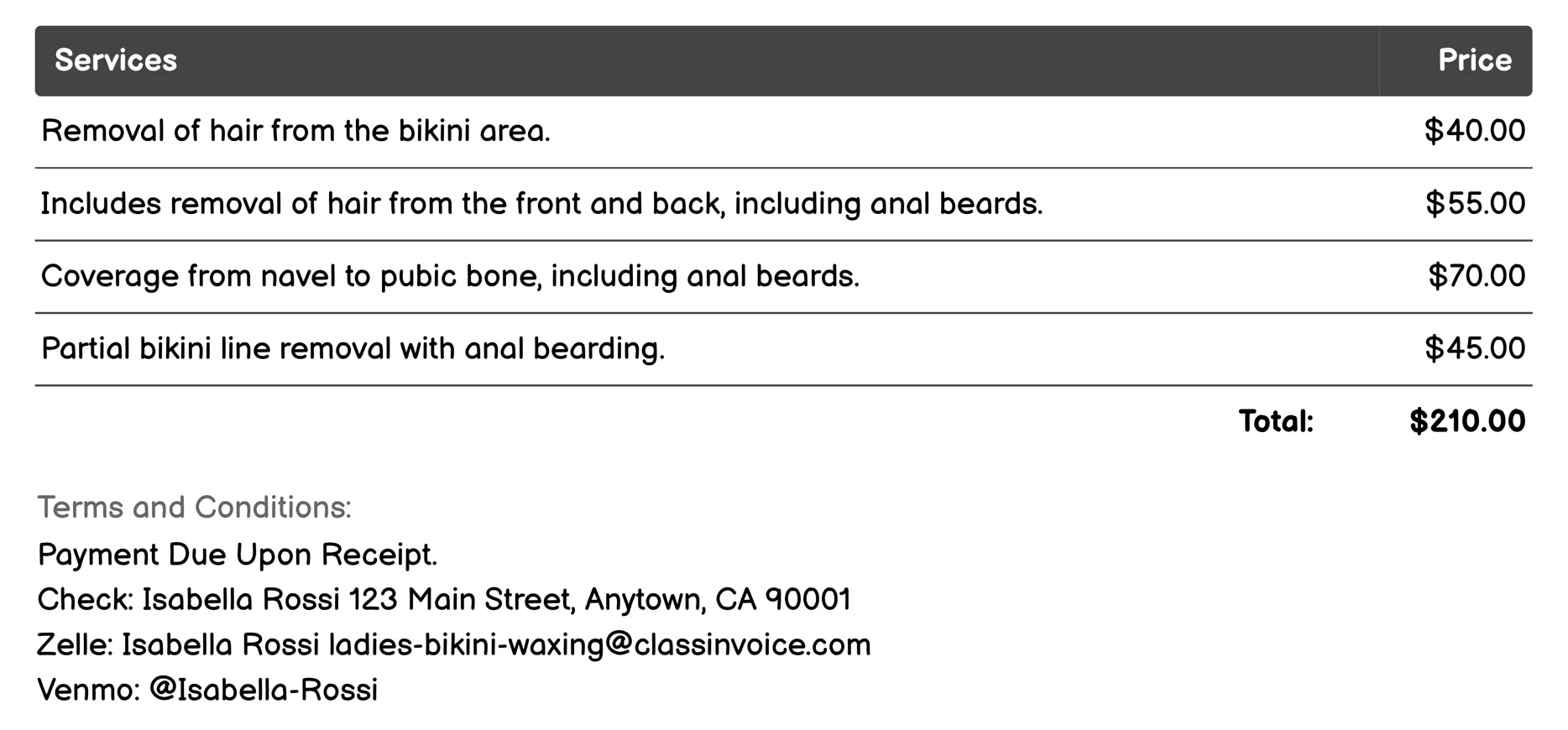 Brazilian with Anal Bearding Invoice Example