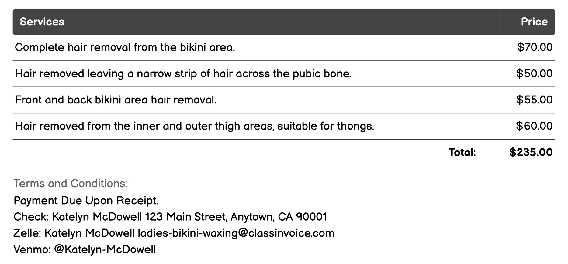 Hollywood Waxing Invoice Example