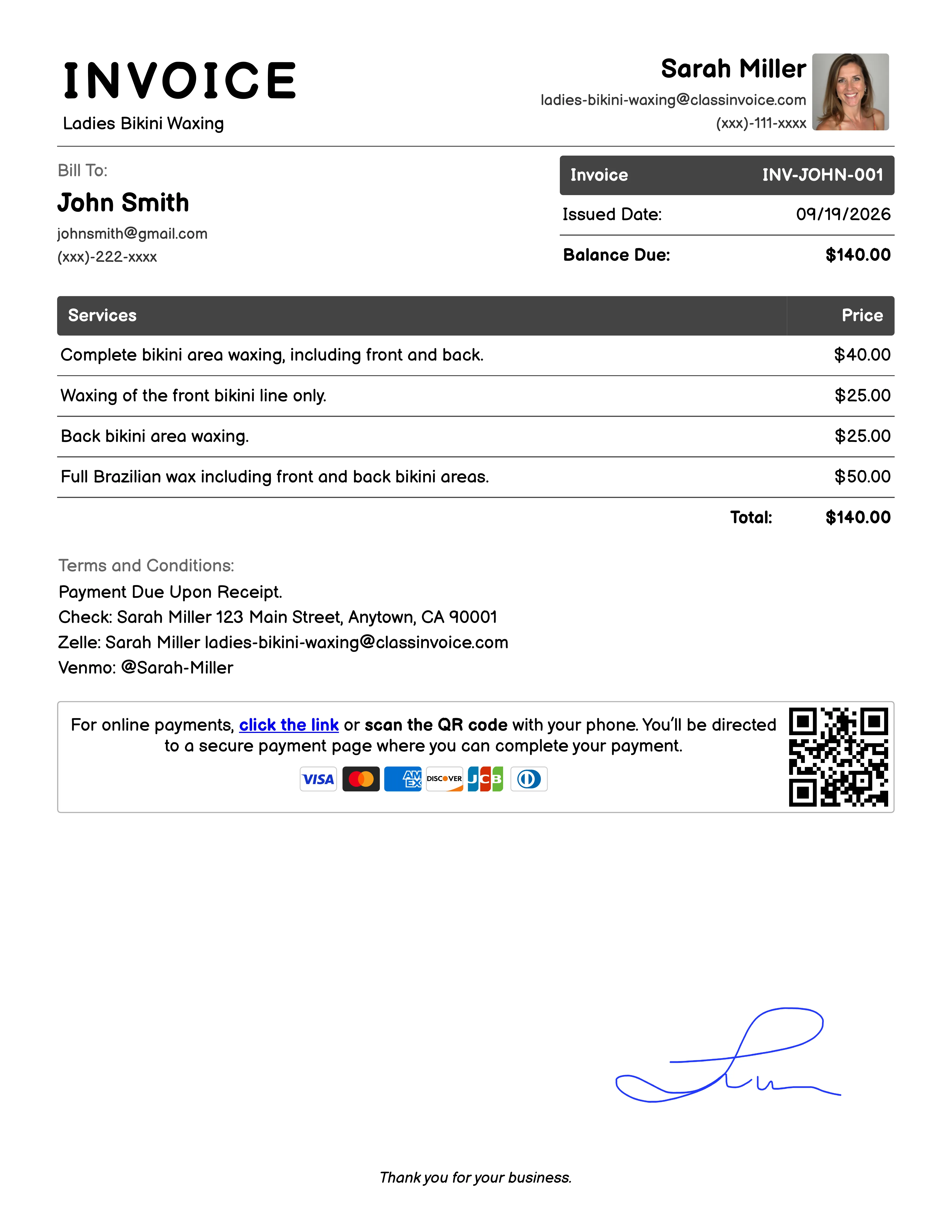 Ladies Bikini Waxing Invoice Example