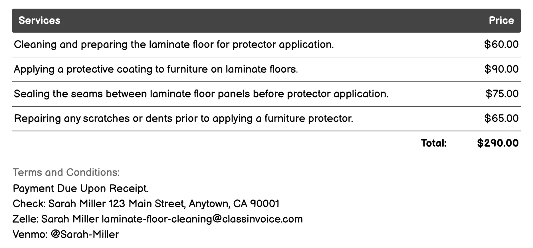 Furniture Protector Application Invoice Example