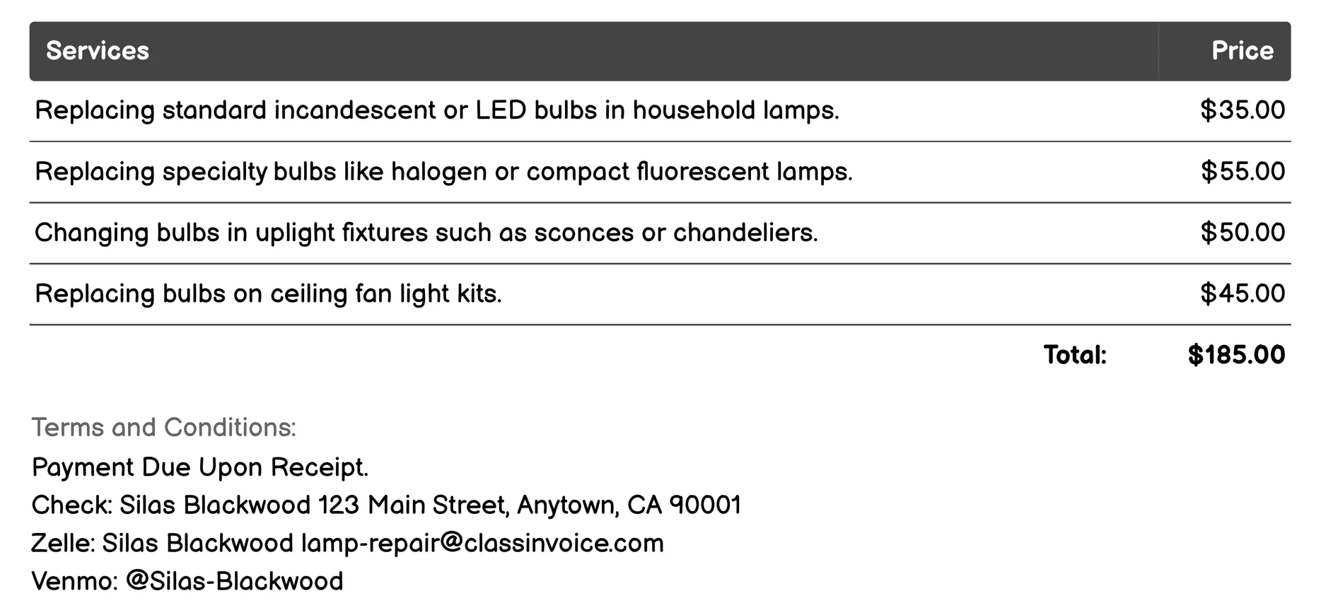 Bulb Replacement Invoice Example