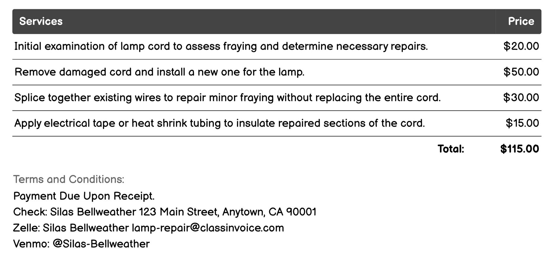 Frayed Cord Repair Invoice Example