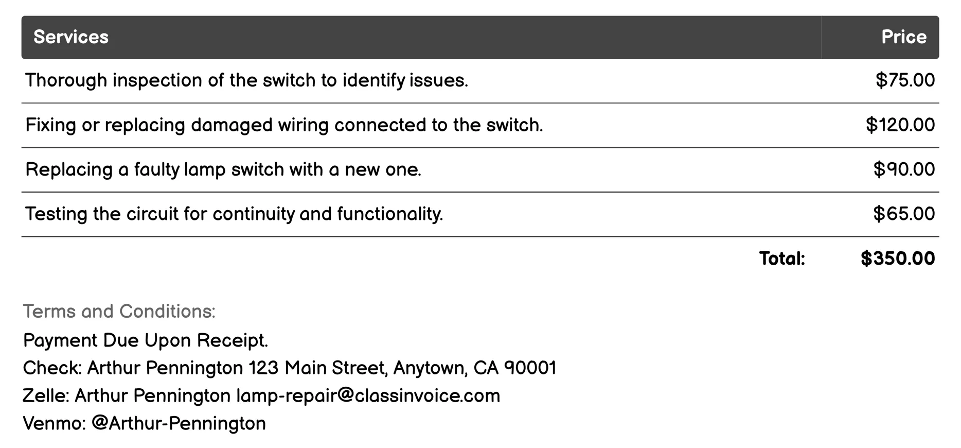 Switch Repair Invoice Example