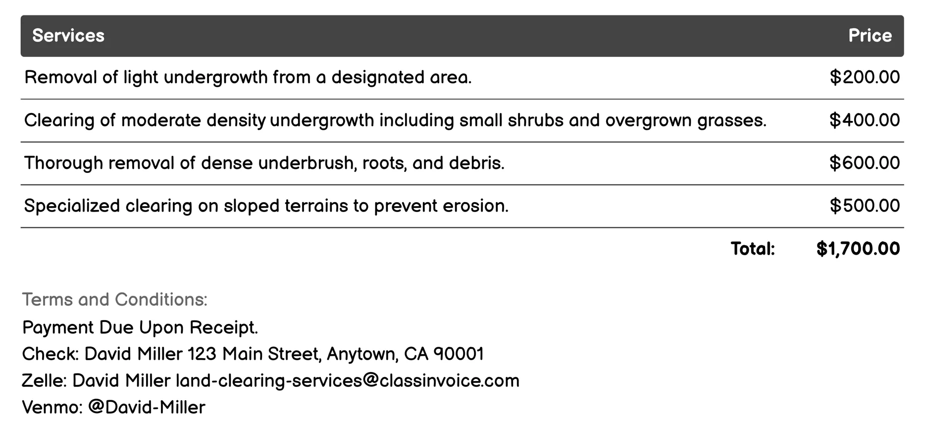 Underbrush Clearing Invoice Example