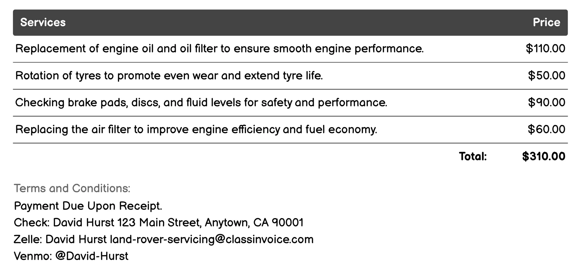 Standard Maintenance Invoice Example