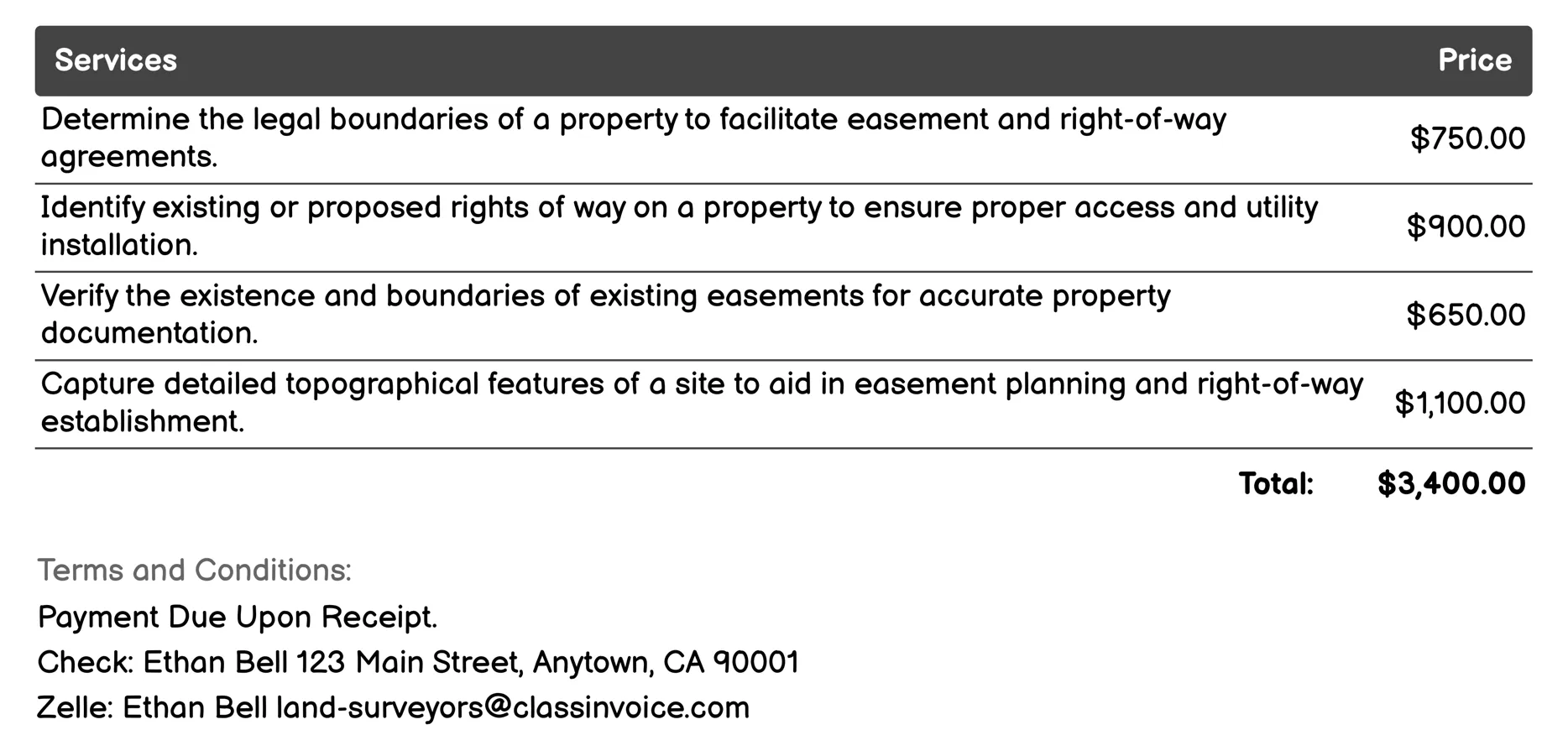Easement and Right-of-Way Surveys Invoice Example