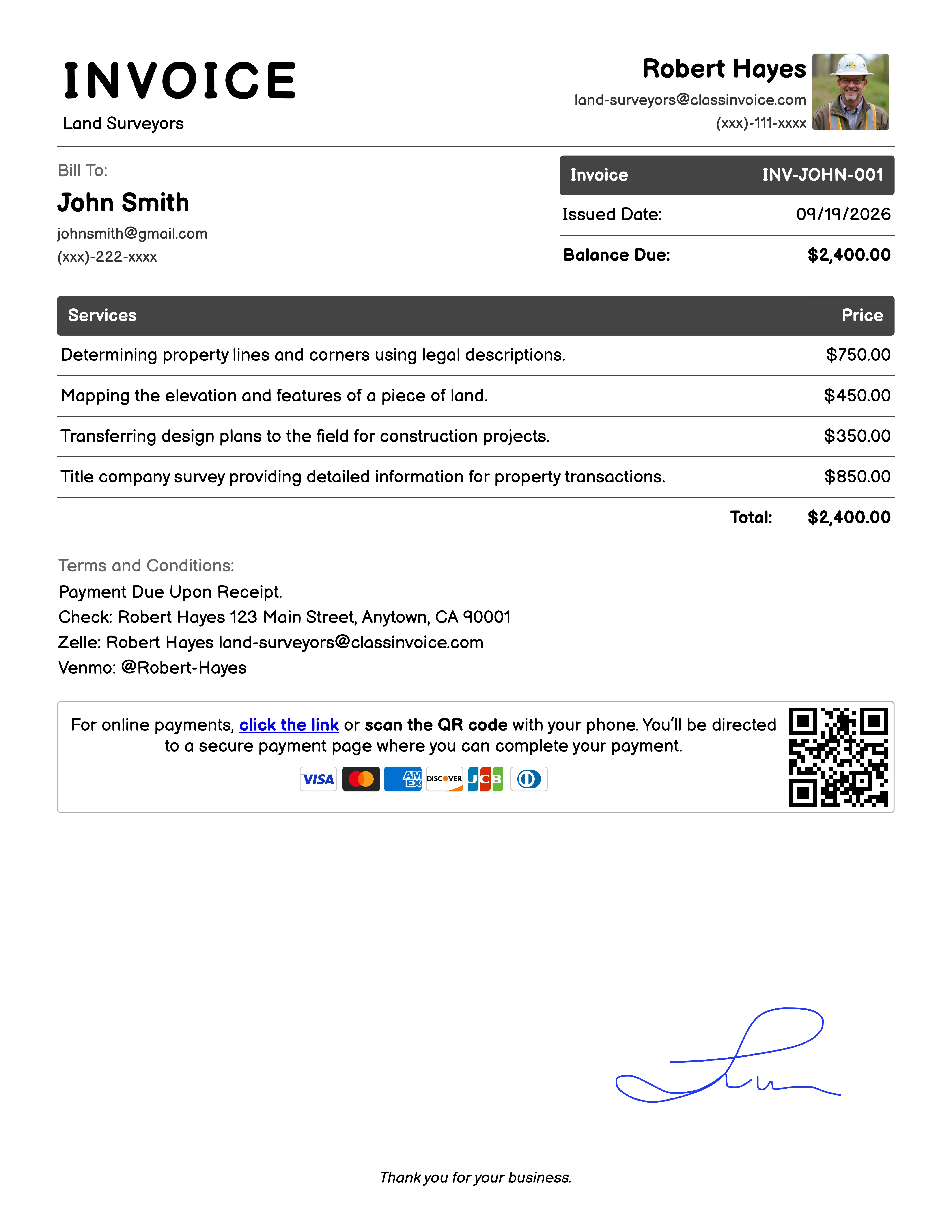 Land Surveyors Invoice Example