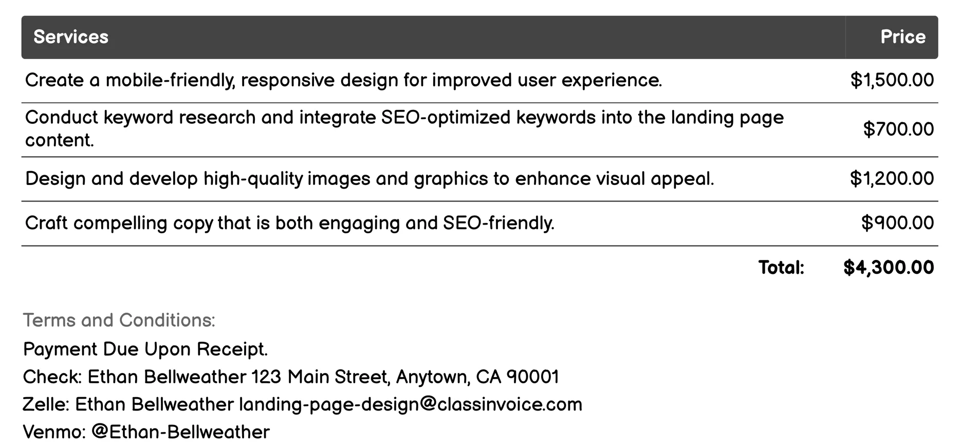 SEO-Optimized Landing Pages Invoice Example