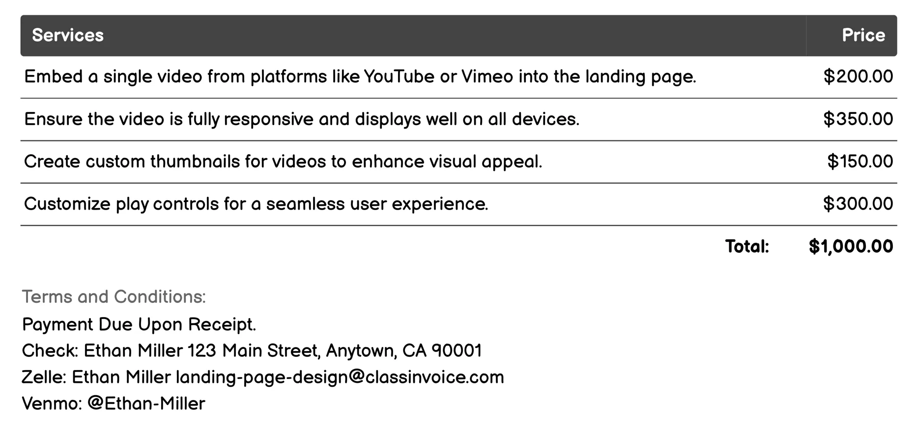 Video Integration Invoice Example